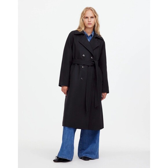 MADEWELL Double-Breasted Trench Coat XS True Black Wool Blend Long Belted NWT - Picture 1 of 7
